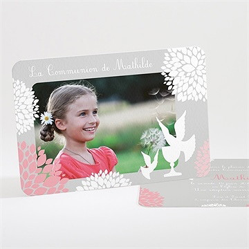 Faire-part communion colombe et fleurs