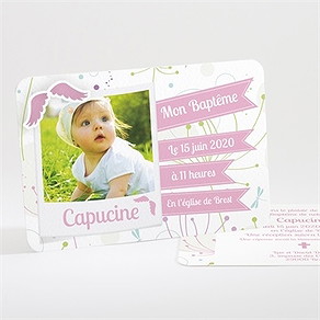 Faire-part de baptême fanions roses en fête