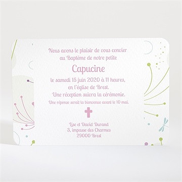 Faire-part de baptême fanions roses en fête - Dos du faire-part