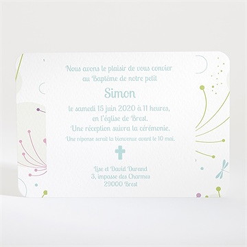 Faire-part de baptême rubans verts  en fête - Dos du faire-part