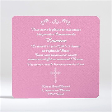 Faire-part communion mon cadre rose - Dos du faire-part