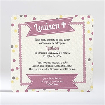 Faire-part de baptême pois et confettis fille - Dos du faire-part