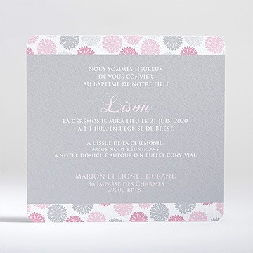 Faire-part de baptême fete des pois roses - Dos du faire-part