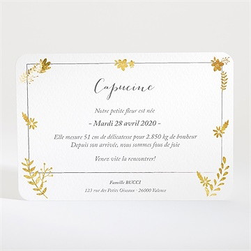 Faire-part naissance feuillage classique et chic - Dos du faire-part