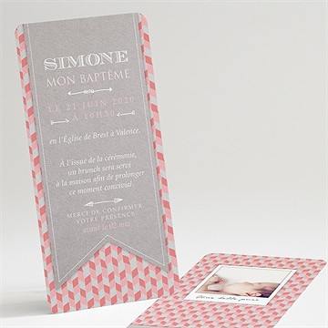 Faire-part de baptême fanions et mosaïque rose
