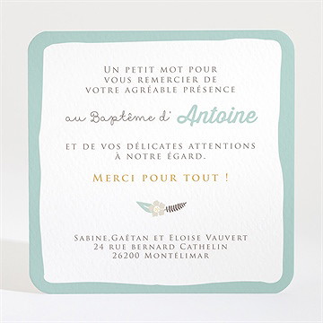 Remerciement baptême alphabet original - Dos de la carte