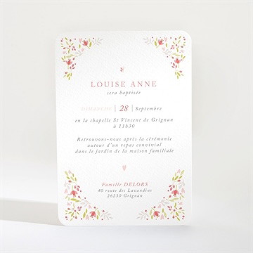 Faire-part de baptême douceur végétale rose - Dos du faire-part