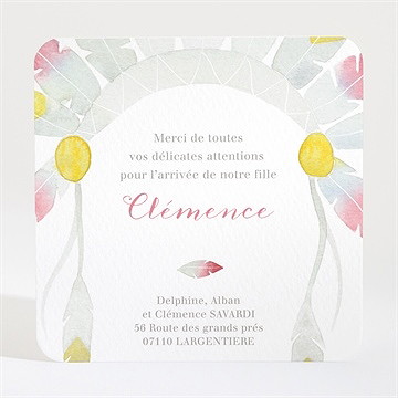 Remerciement naissance ornée de plumes - Dos de la carte