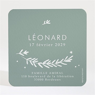 Faire-part naissance végétal vert pastel - Dos du faire-part
