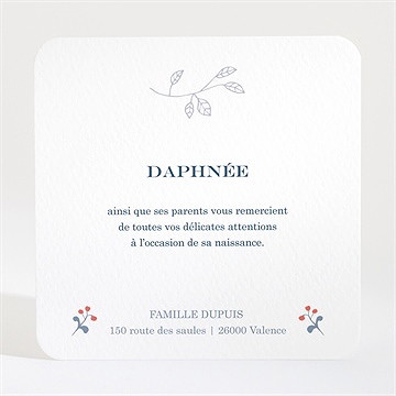 Remerciement naissance fleurs et flocons - Dos de la carte