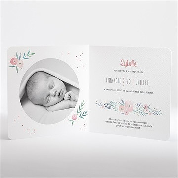 Faire-part de baptême motifs et fleurs - Intérieur du faire-part