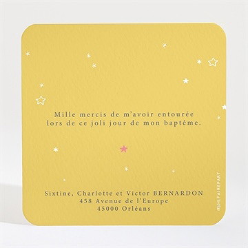 Remerciement baptême jaune tendance - Dos de la carte