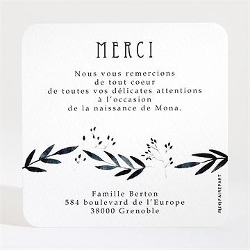 Remerciement naissance plume à l'encre - Dos de la carte