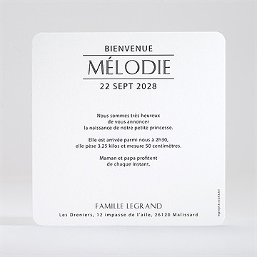 Faire-part naissance initiale en patchwork - Dos du faire-part