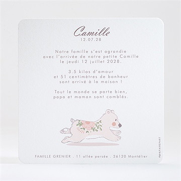 Faire-part naissance tendre nounours - Dos du faire-part