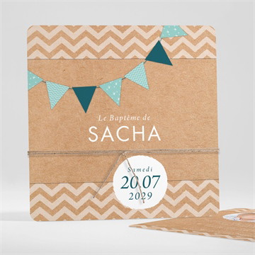 Faire-part de baptême farandole de kraft carré