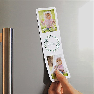Faire-part de baptême feuilles et or magnet - Mise en situation
