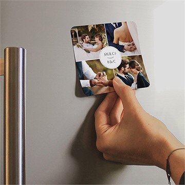 Remerciement mariage avec programme magnet carré - Mise en situation