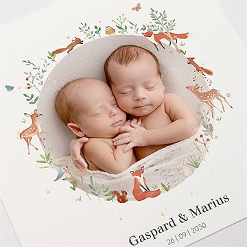 Faire-part naissance jumeaux & animaux dorure - Détail du faire-part