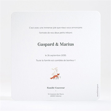 Faire-part naissance jumeaux & animaux dorure - Dos du faire-part