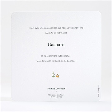 Faire-part naissance gaiement dorure - Dos du faire-part