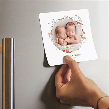 Faire-part naissance jumeaux & animaux magnet - Mise en situation