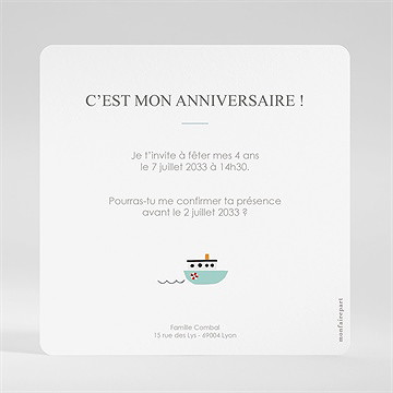 Invitation anniversaire les petits bateaux - Dos de l'invitation