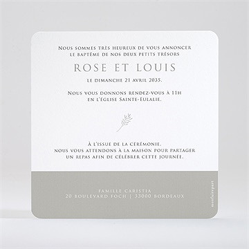 Faire-part de baptême petits jumeaux dorure - Dos du faire-part