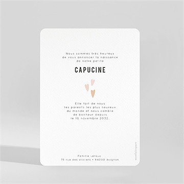 Faire-part naissance cœurs délicats portrait - Dos du faire-part