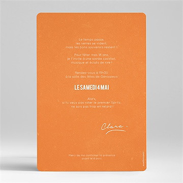 Invitation anniversaire cocktail 18 ans - Dos de l'invitation