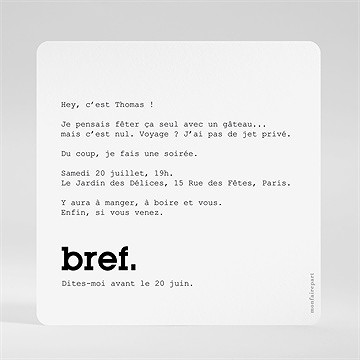 Invitation anniversaire bref - Dos de l'invitation