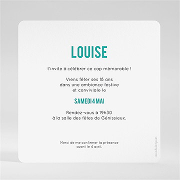 Invitation anniversaire 18 ans - Dos de l'invitation