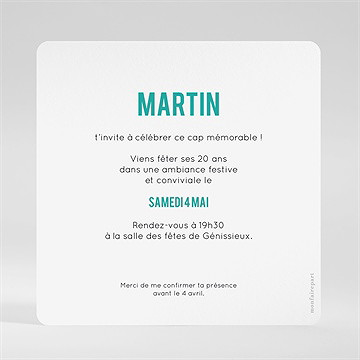 Invitation anniversaire 20 ans - Dos de l'invitation