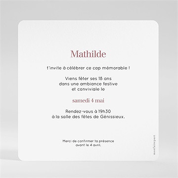Invitation anniversaire photo 18 ans - Dos de l'invitation