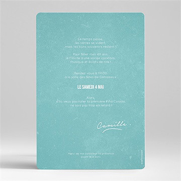 Invitation anniversaire cocktail tropical 40 ans - Dos de l'invitation