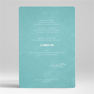 Invitation anniversaire cocktail tropical 50 ans - Dos de l'invitation