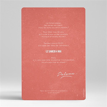 Invitation anniversaire cosmo 30 ans - Dos de l'invitation