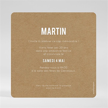 Invitation anniversaire 20 ans kraft - Dos de l'invitation