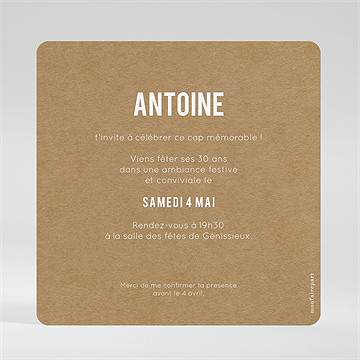 Invitation anniversaire 30 ans kraft - Dos de l'invitation