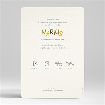 Faire-part naissance prénom coloré - Dos du faire-part