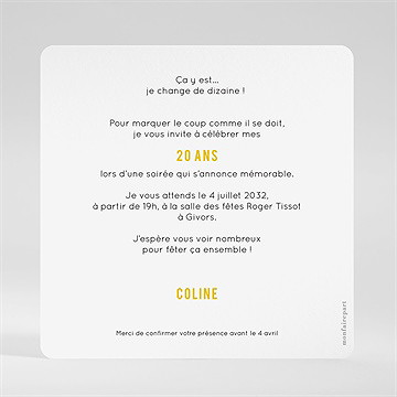 Invitation anniversaire 20 ans : champagne ! - Dos de l'invitation
