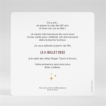 Invitation anniversaire paillette 60 ans - Dos de l'invitation