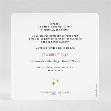 Invitation anniversaire paillette 70 ans - Dos de l'invitation