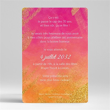 Invitation anniversaire en l'honneur de mes 70 ans - Dos de l'invitation