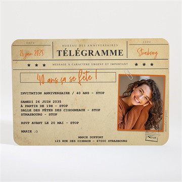 Invitation anniversaire télégramme 40 ans