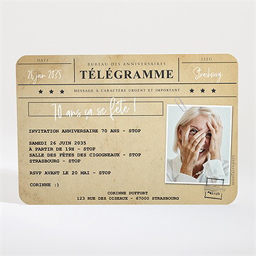 Invitation anniversaire télégramme 70 ans