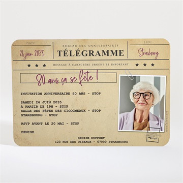 Invitation anniversaire télégramme 80 ans