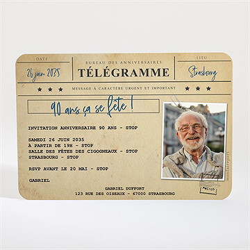 Invitation anniversaire télégramme 90 ans