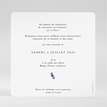 Invitation anniversaire lavande 60 ans - Dos de l'invitation