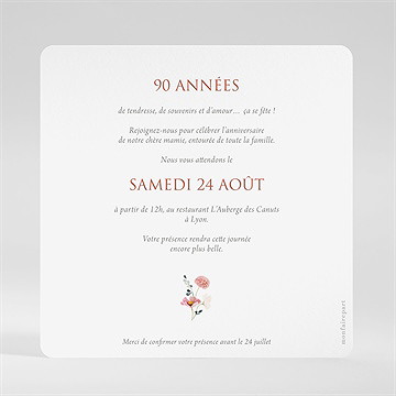 Invitation anniversaire fleurs pastel 90 ans - Dos de l'invitation